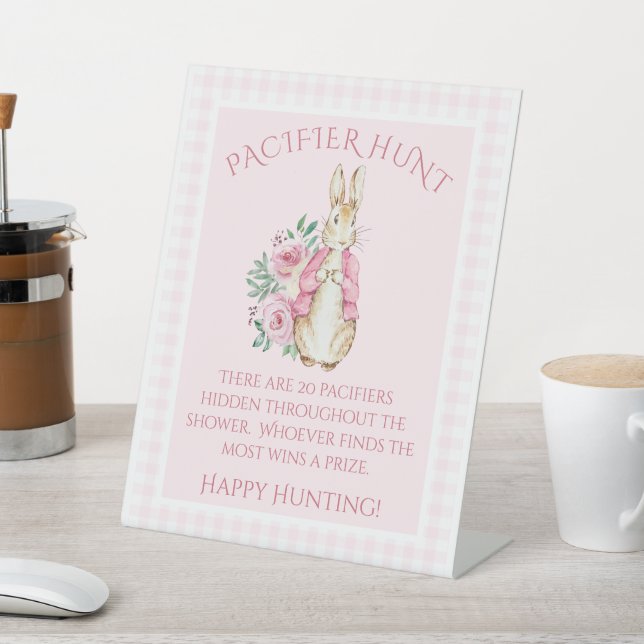 Cute Rabbit Pink Floral Baby Shower Pedestal Sign (In SItu)