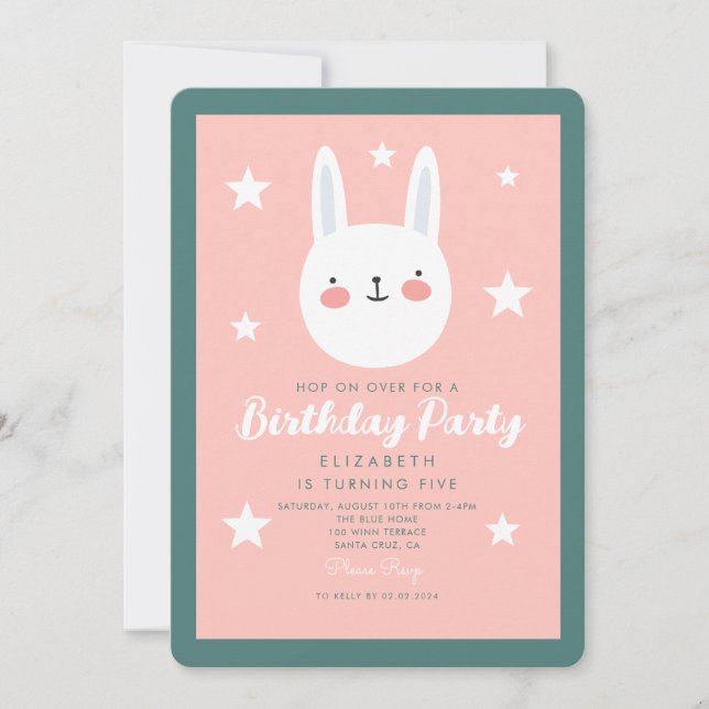 Cute Rabbit  Pink Green Purple Stars Birthday Invitation (Front)