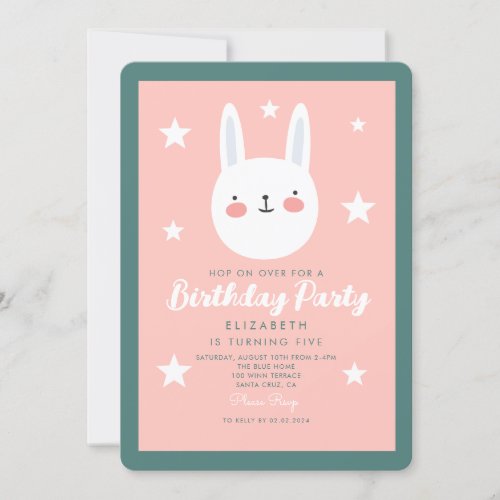 Cute Rabbit  Pink Green Purple Stars Birthday Invitation