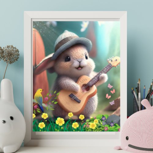 Cute Rabbit Playing a Guitar in Garden of Flowers  Poster