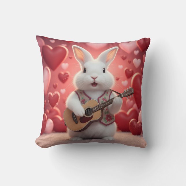Cute Rabbit Playing Guitar For Love Throw Pillow (Front)