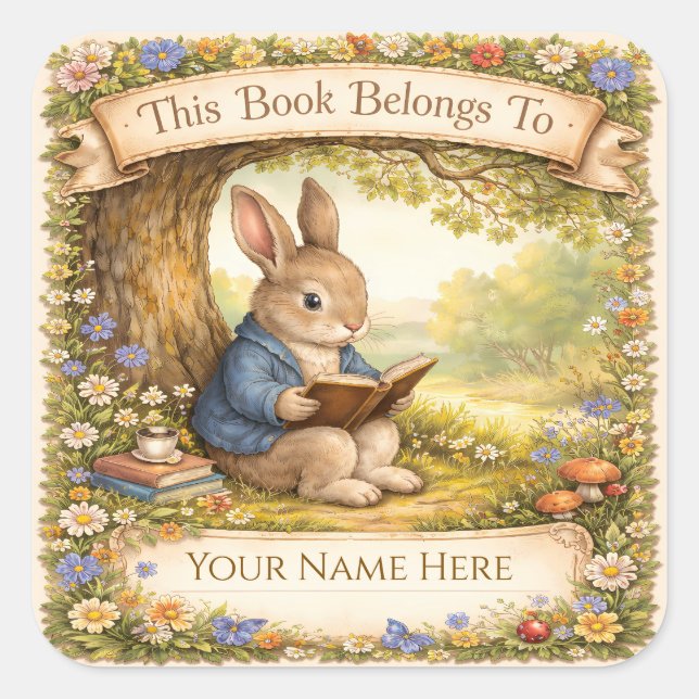 Cute Rabbit Reading a Book - Bookplate (Front)