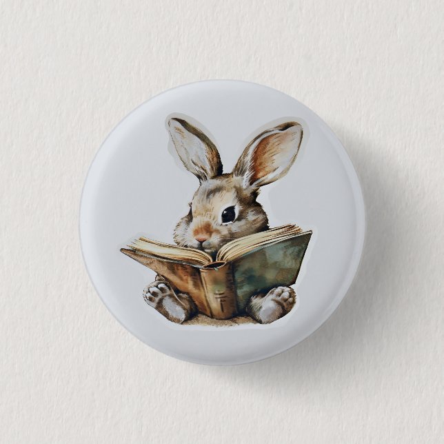 Cute rabbit reading book retro children button (Front)