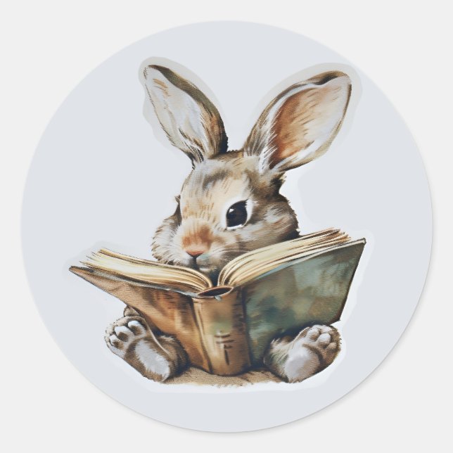 Cute rabbit reading book retro children classic round sticker (Front)