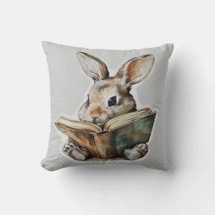 Cute rabbit reading book retro children throw pillow