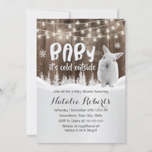 Cute Rabbit Rustic Winter Forest Baby Shower Invitation