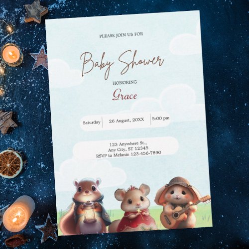 Cute Rabbit Squirrel Mouse Blue Baby Shower  Invitation