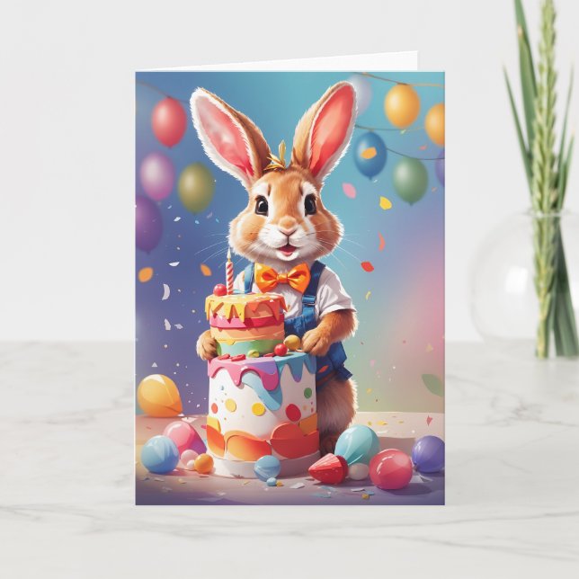Cute rabbit standing by cake celebrating! | Card (Front)