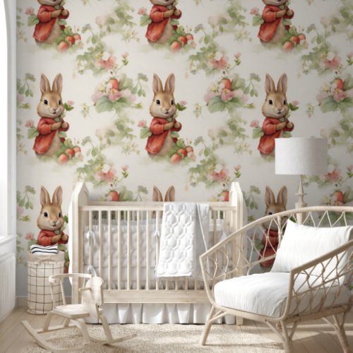 Cute Rabbit Strawberry Nursery Peel  Stick Wallpaper