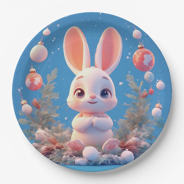 Cute Rabbit Surrounded by Decorations Paper Plates (Front)