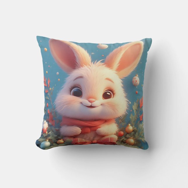 Cute Rabbit Surrounded by Decorations Throw Pillow (Front)
