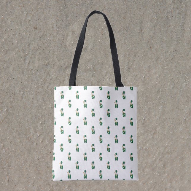 Cute Rabbit Trombone Player Green Gold Pattern Tote Bag (A tote bag with a pattern of rabbits holding a trombone while dressed in green & gold.)