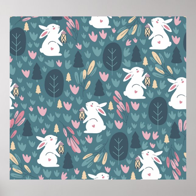 Cute rabbit: vintage seamless print. poster (Front)