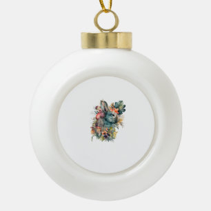 Cute Rabbit Watercolor with flower Ceramic Ball Christmas Ornament