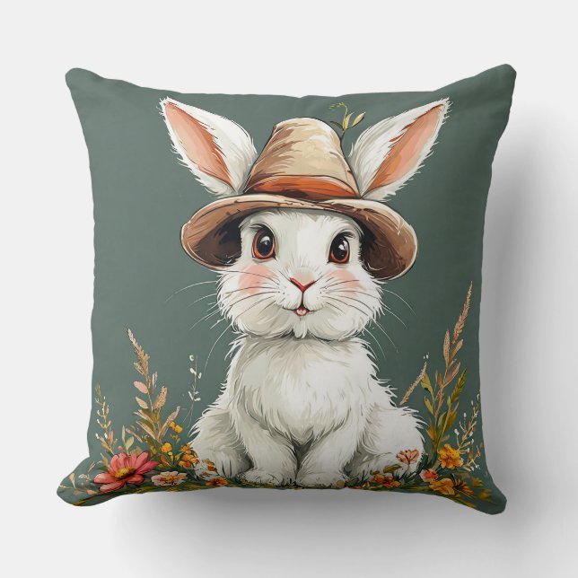 Cute Rabbit Wearing a Hat Throw Pillow (Front)