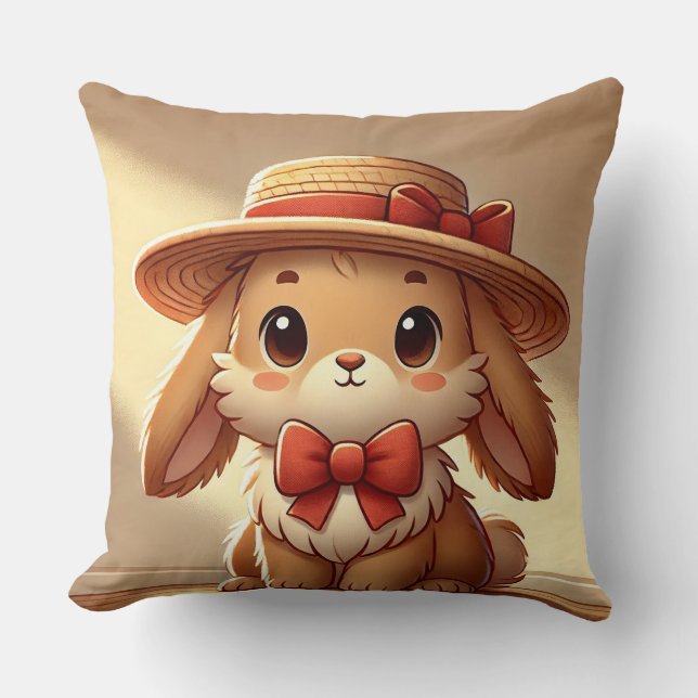 Cute Rabbit Wearing Straw Hat Throw Pillow (Front)