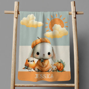 Cute Rabbit Whimsical Fall Woodland Animals Name Baby Blanket