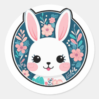 Cute Rabbit with Flower Pattern Classic Round Sticker