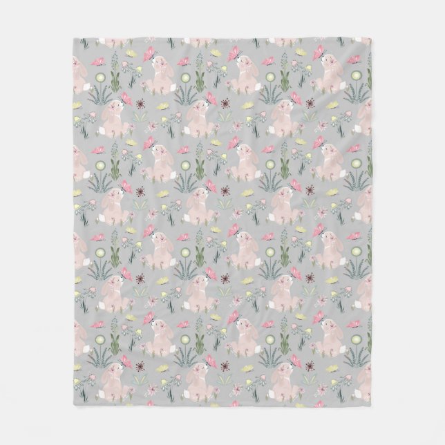 cute rabbit with flowers and butterflies fleece blanket (Front)