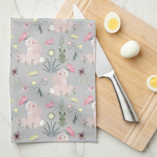cute rabbit with flowers and butterflies kitchen towel