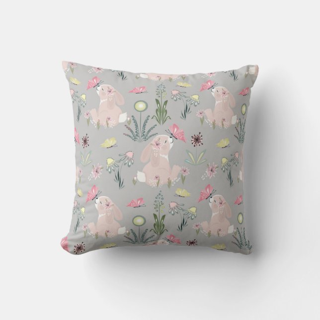 cute rabbit with flowers and butterflies throw pillow (Front)