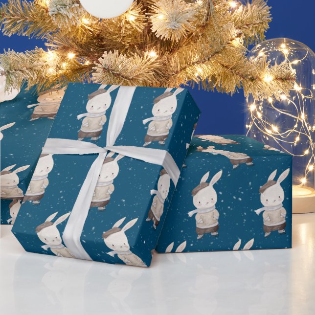 Cute Rabbit with Ice Skates Wrapping Paper (Holidays)