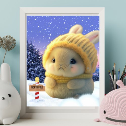 Cute Rabbit with yellow knit hat and scarf in snow Poster