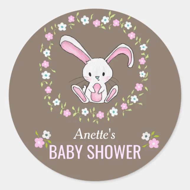 Cute Rabbit Woodland Pink Floral Baby Shower Classic Round Sticker | Zazzle