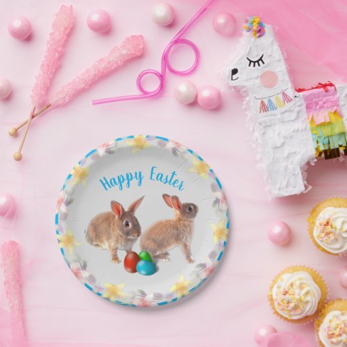 Cute Rabbits and Lily Flowers Easter Holiday Paper Plates