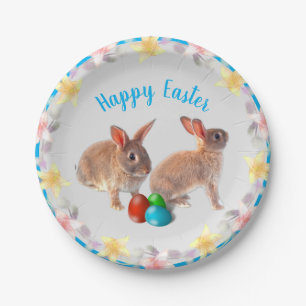 Cute Rabbits and Lily Flowers Easter Holiday Paper Plates