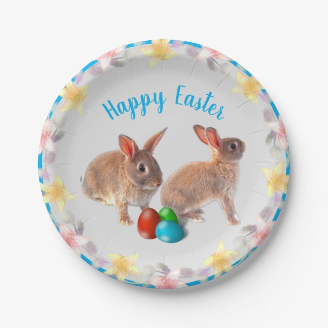 Cute Rabbits and Lily Flowers Easter Holiday Paper Plates (Front)