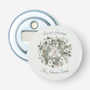 Cute Rabbits in a Floral Winter Wreath Bottle Opener