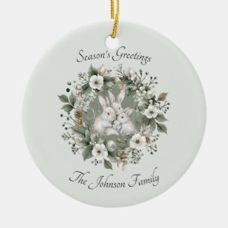 Cute Rabbits in a Floral Winter Wreath