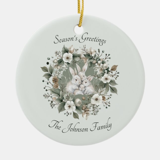 Cute Rabbits in a Floral Winter Wreath Ceramic Ornament (Front)