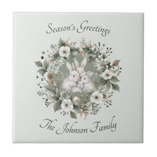 Cute Rabbits in a Floral Winter Wreath Ceramic Tile