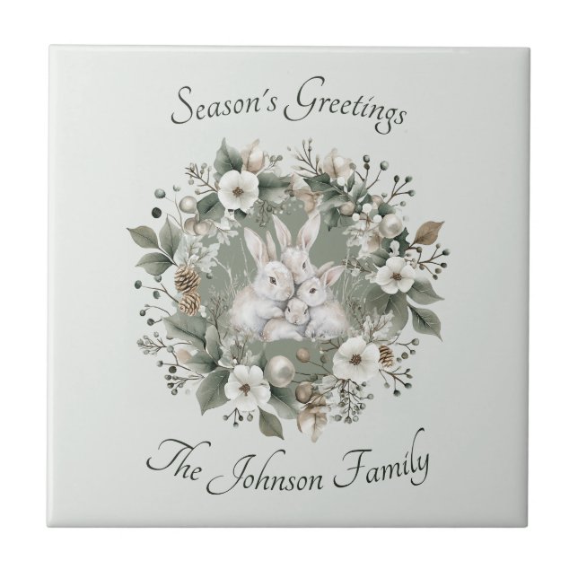 Cute Rabbits in a Floral Winter Wreath Ceramic Tile (Front)
