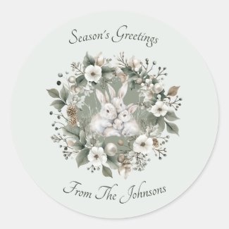 Cute Rabbits in a Floral Winter Wreath
