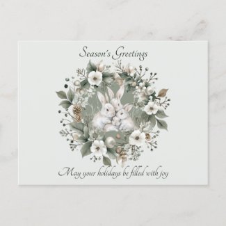 Cute Rabbits in a Floral Winter Wreath