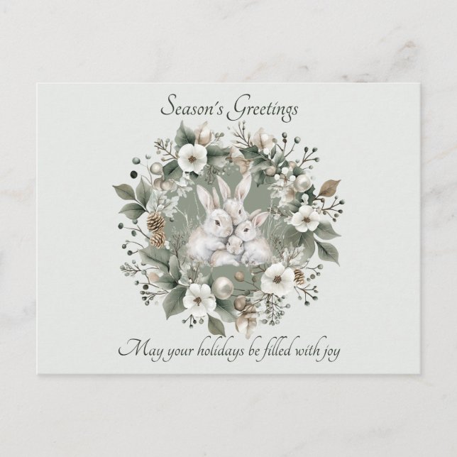 Cute Rabbits in a Floral Winter Wreath Holiday Postcard (Front)