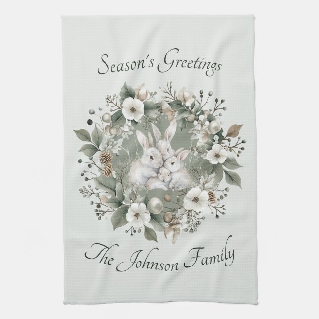 Cute Rabbits in a Floral Winter Wreath Kitchen Towel (Vertical)