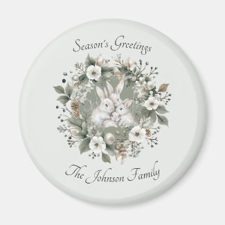 Cute Rabbits in a Floral Winter Wreath
