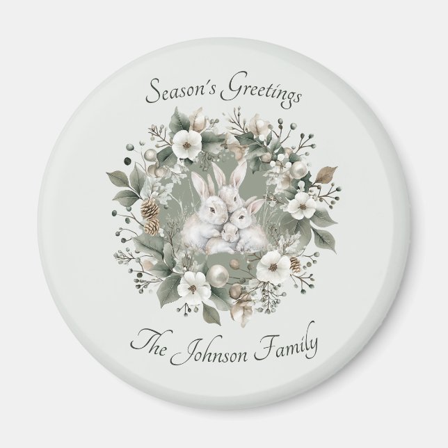 Cute Rabbits in a Floral Winter Wreath Magnet (Front)