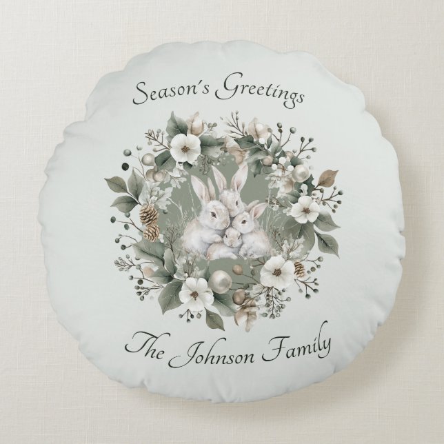 Cute Rabbits in a Floral Winter Wreath Round Pillow (Front)