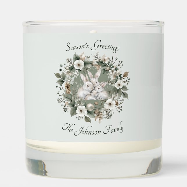 Cute Rabbits in a Floral Winter Wreath Scented Candle (Front)