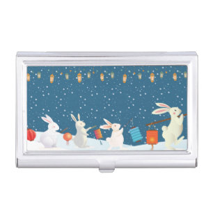 Cute Rabbits Lantern Parade Through Snow Christmas Business Card Case
