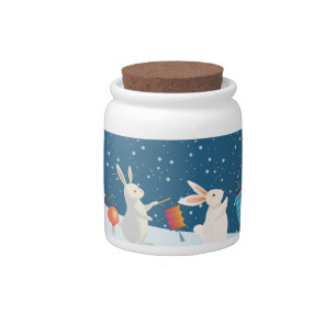 Cute Rabbits Lantern Parade Through Snow Christmas Candy Jar