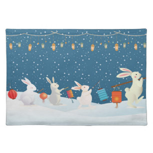 Cute Rabbits Lantern Parade Through Snow Christmas Cloth Placemat