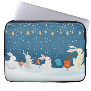 Cute Rabbits Lantern Parade Through Snow Christmas Laptop Sleeve