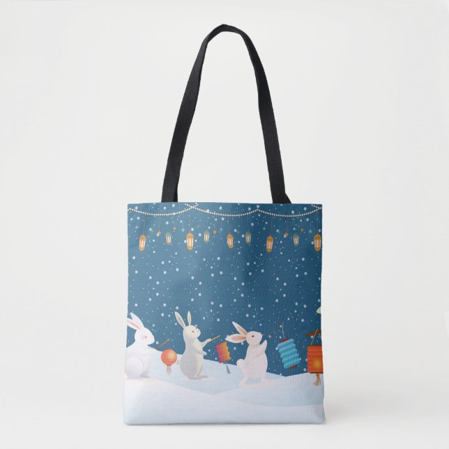 Cute Rabbits Lantern Parade Through Snow Christmas Tote Bag (Front)