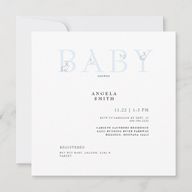 Cute Rabbits Light Blue Gingham Baby Shower Sq. Invitation (Front)